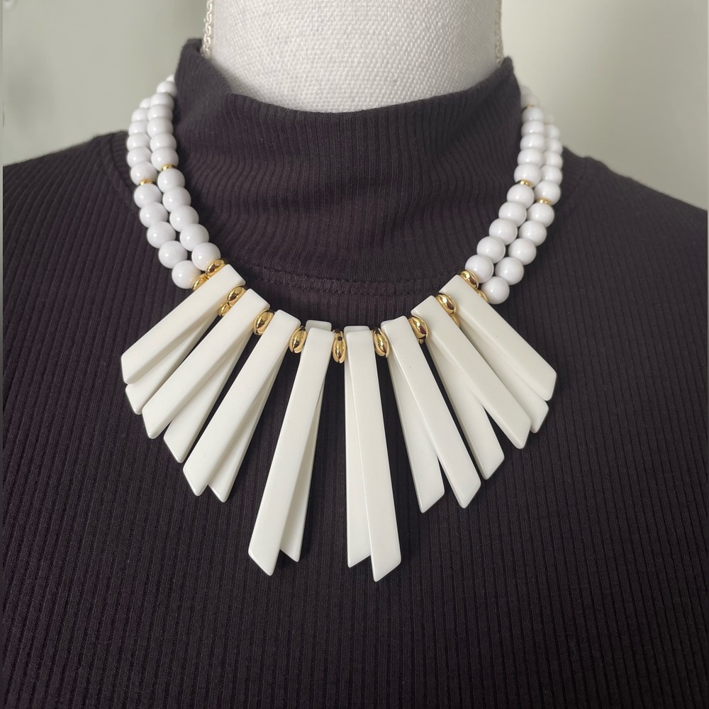 Trifari Vintage Double Strand White & Gold Statement Necklace